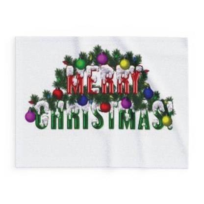 Luxurious Decorative and Warm Christmas Arctic Fleece Blanket featuring a vibrant winter motif with 'Merry Christmas!' text and colourful ornaments, perfect for enhancing holiday décor.