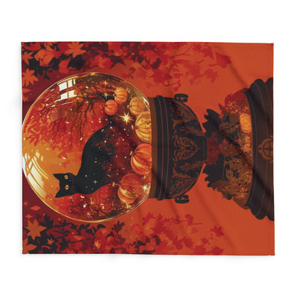 Close-up of the Decorative and Warm Halloween Spooky Arctic Fleece Blanket, featuring intricate designs of a mystical black cat and pumpkins, ideal for sophisticated seasonal decor.