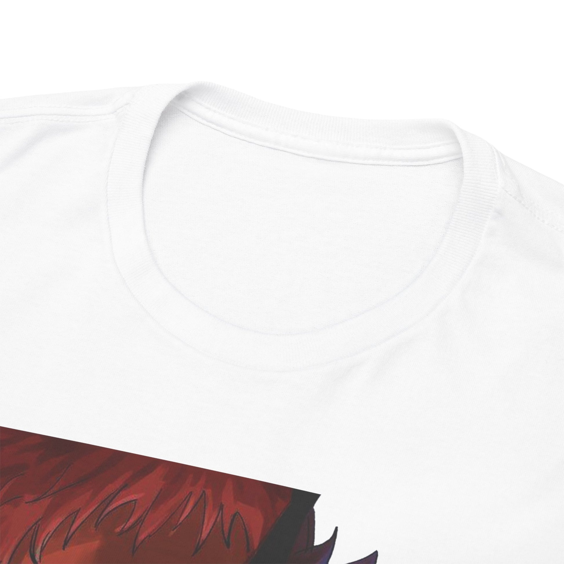 Close-up of the collar and neckline of a luxury white t-shirt featuring a vibrant graphic design of Ryomen Sukuna, showcasing attention to detail in fabric quality.