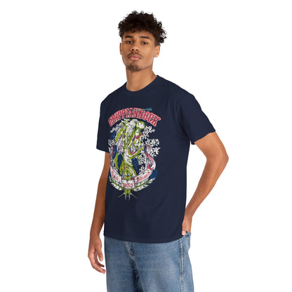 Luxury Native American Heritage Men's Graphic T-Shirt featuring a striking wolf headdress design, modelled by a male model in a stylish pose.