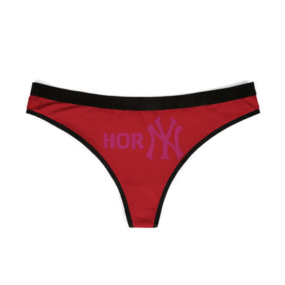 Front view of luxurious red thong panties for women with 'Horny' text in bold purple lettering, capturing a playful yet chic essence for confident individuals.