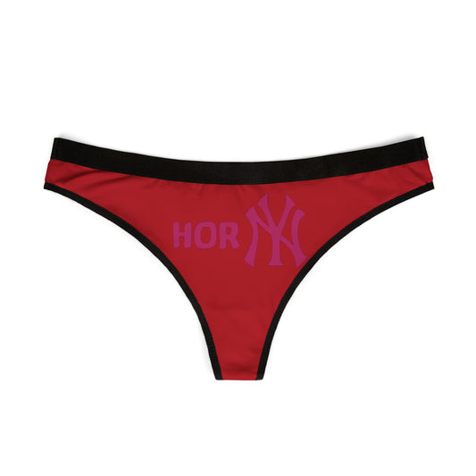 Front view of luxurious red thong panties for women with 'Horny' text in bold purple lettering, capturing a playful yet chic essence for confident individuals.