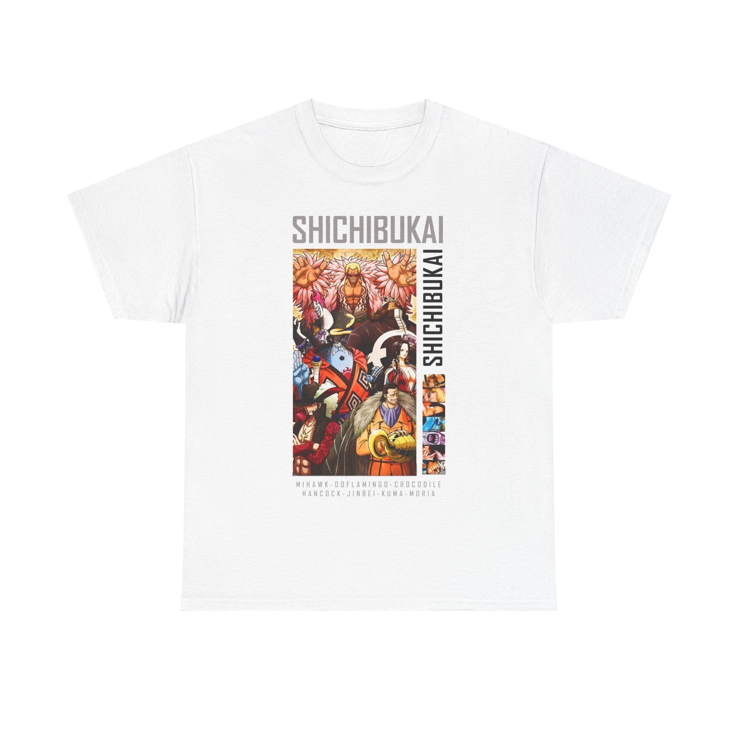 Elegant white One Piece Shichibukai T-shirt showcasing striking illustrations of anime characters, ideal for sophisticated anime enthusiasts.