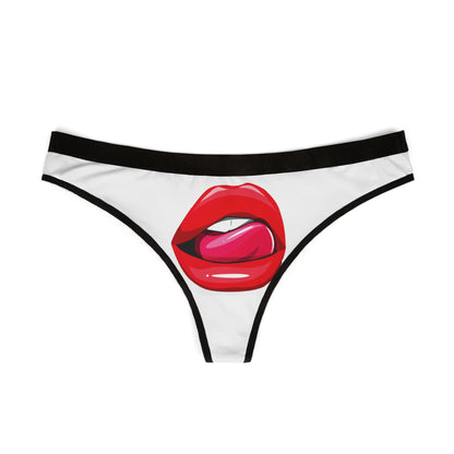 Front view of a chic women's thong adorned with a bold printed design of red lips and a pink tongue, perfect for romantic occasions.