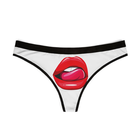 Front view of a chic women's thong adorned with a bold printed design of red lips and a pink tongue, perfect for romantic occasions.