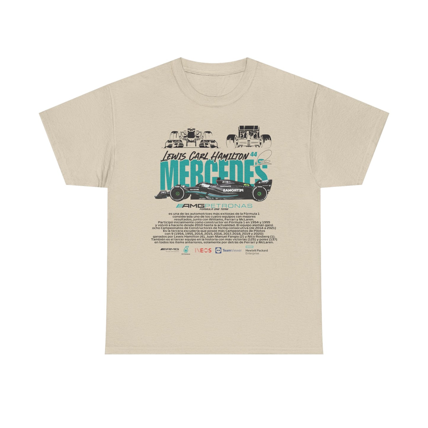 Elegant beige tee adorned with premium graphics honouring Lewis Hamilton and the Mercedes AMG Petronas Formula 1 team, symbolising speed and sophistication in motorsport apparel.