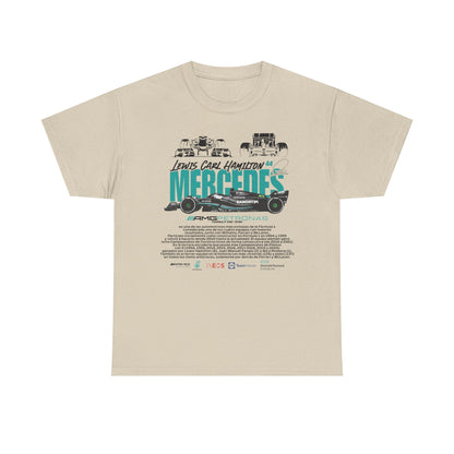 Elegant beige tee adorned with premium graphics honouring Lewis Hamilton and the Mercedes AMG Petronas Formula 1 team, symbolising speed and sophistication in motorsport apparel.