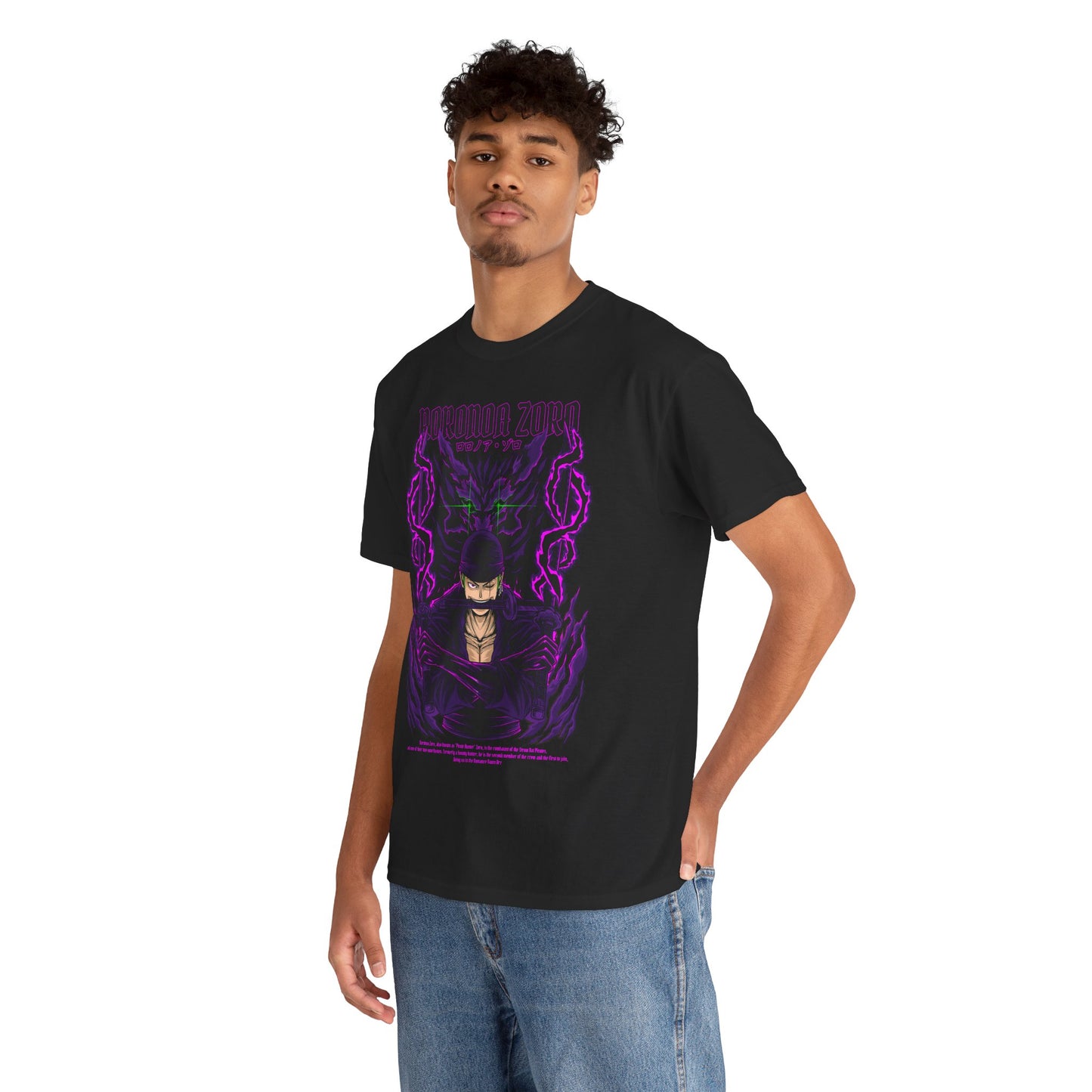Model wearing the Epic Roronoa Zoro graphic tee, featuring a captivating design of Zoro in a dramatic purple and black theme, ideal for anime enthusiasts.