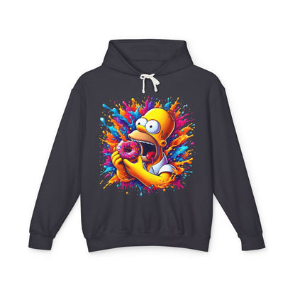 Unisex Urban Homer’s Hungry Delight Graphic Lightweight Hooded Sweatshirt featuring a vibrant illustration of Homer Simpson joyfully indulging in a donut, accented by a colourful splash design against a sleek black background, ideal for stylish casual wear.