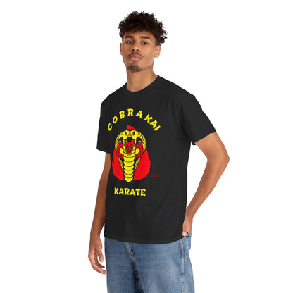 Luxurious Cobra Kai Karate graphic t-shirt for men featuring an eye-catching coiled snake design in vibrant colours, perfect for martial arts enthusiasts.