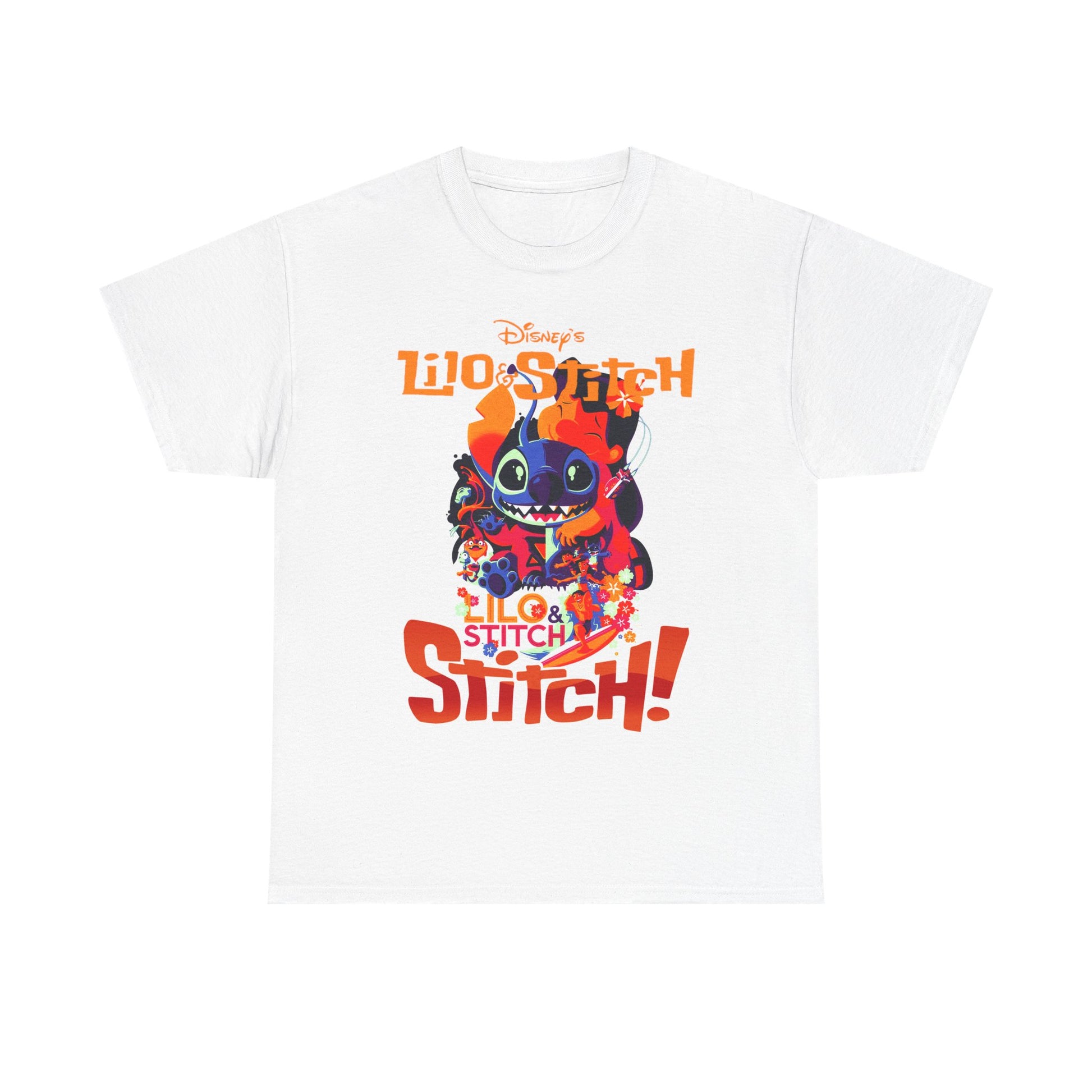 Elegant white Lilo & Stitch graphic t-shirt showcasing a lively illustration of Stitch amidst vibrant floral designs and striking text. Perfect for adding a touch of Disney charm to your wardrobe.