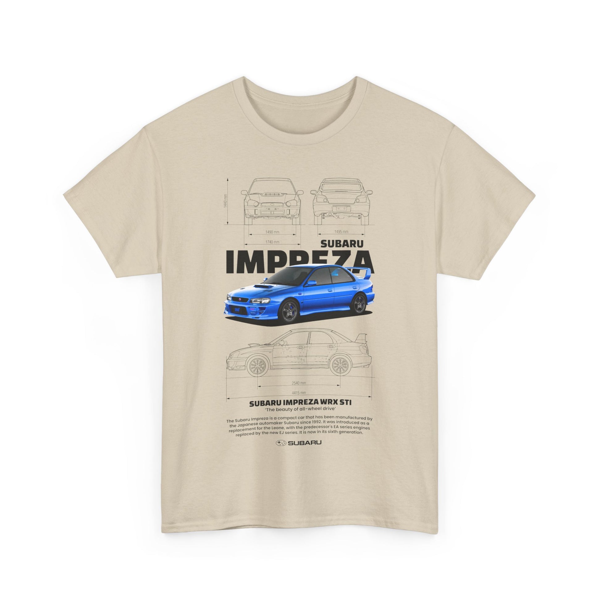 Luxurious beige men's t-shirt adorned with a striking Subaru Impreza WRX STI graphic, merging automotive passion with fashion.