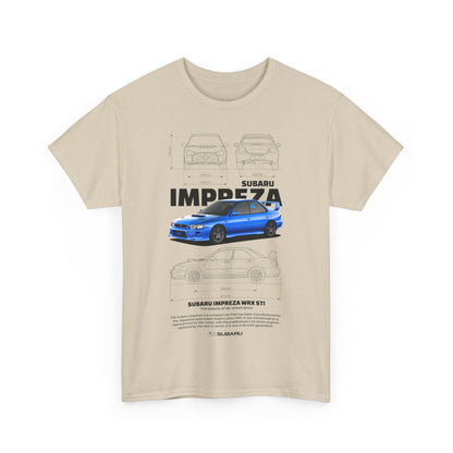 Luxurious beige men's t-shirt adorned with a striking Subaru Impreza WRX STI graphic, merging automotive passion with fashion.