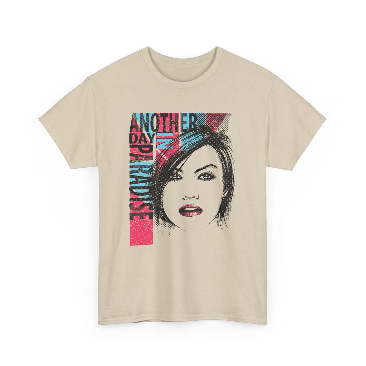 Chic beige mens t-shirt embellished with a striking graphic portrait design and the phrase 'Another Day in Paradise' in bold, contrasting colours.