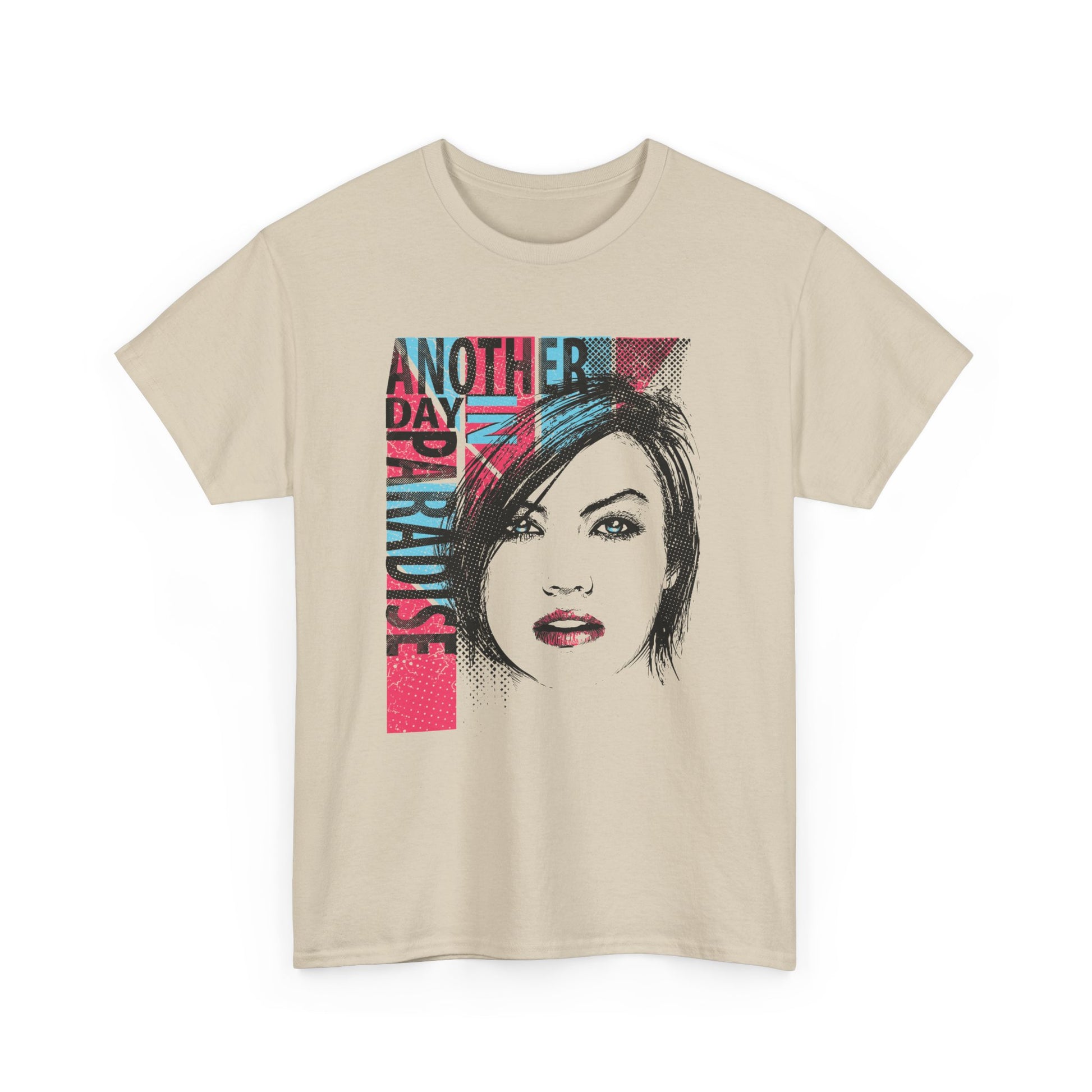 Chic beige mens t-shirt embellished with a striking graphic portrait design and the phrase 'Another Day in Paradise' in bold, contrasting colours.