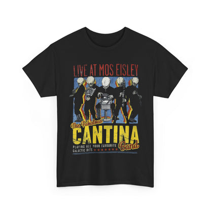 Star Wars Cantina Band Tour T Shirt featuring a vibrant graphic of alien musicians performing live at Mos Eisley, ideal for fans of cosmic humour.