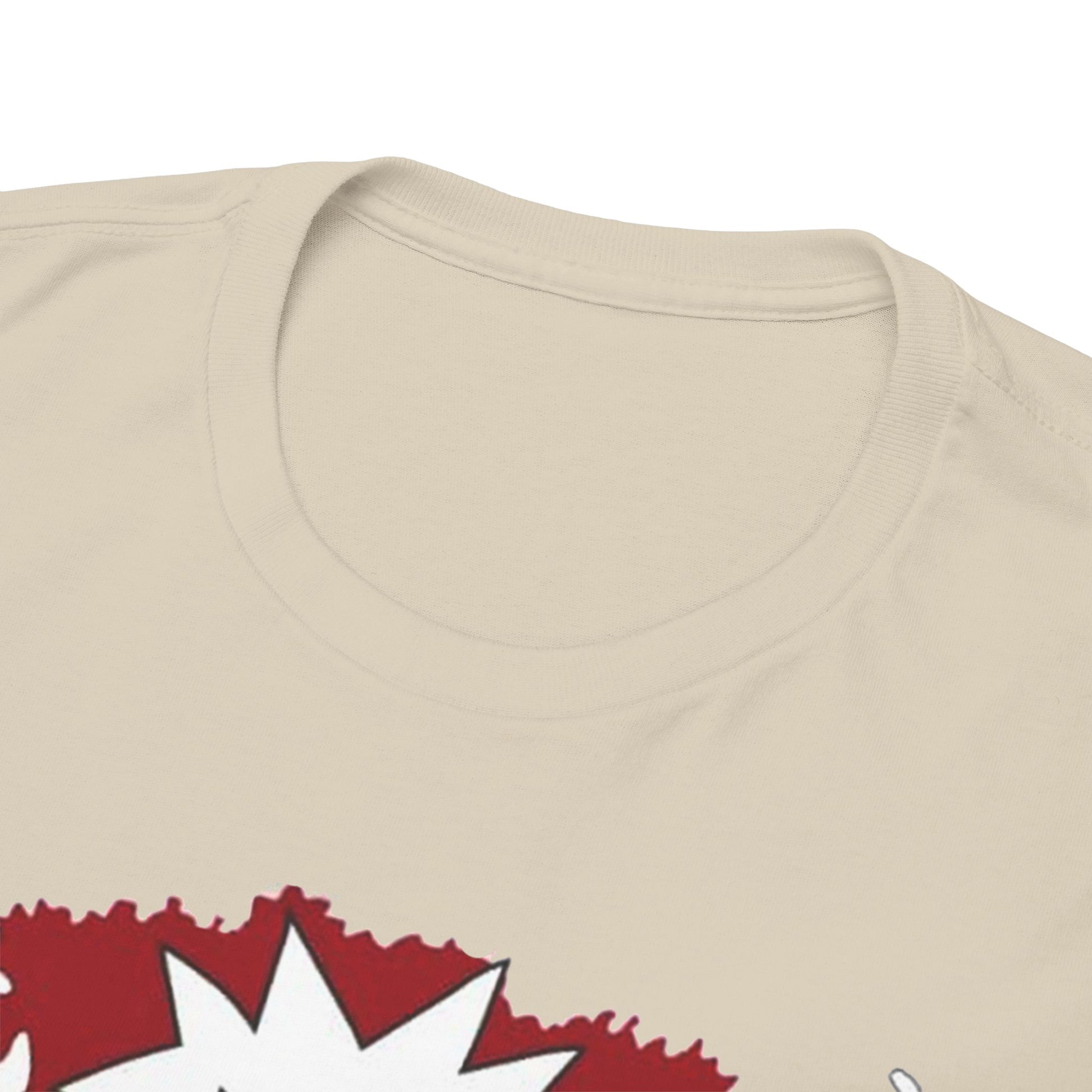 Luxurious beige t-shirt collar detail featuring a bold graphic design.