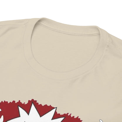 Luxurious beige t-shirt collar detail featuring a bold graphic design.
