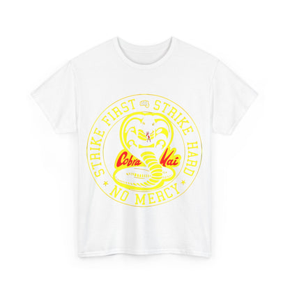 Front view of a classic white unisex t-shirt adorned with a vibrant Cobra Kai logo, capturing the spirit of luxury streetwear.