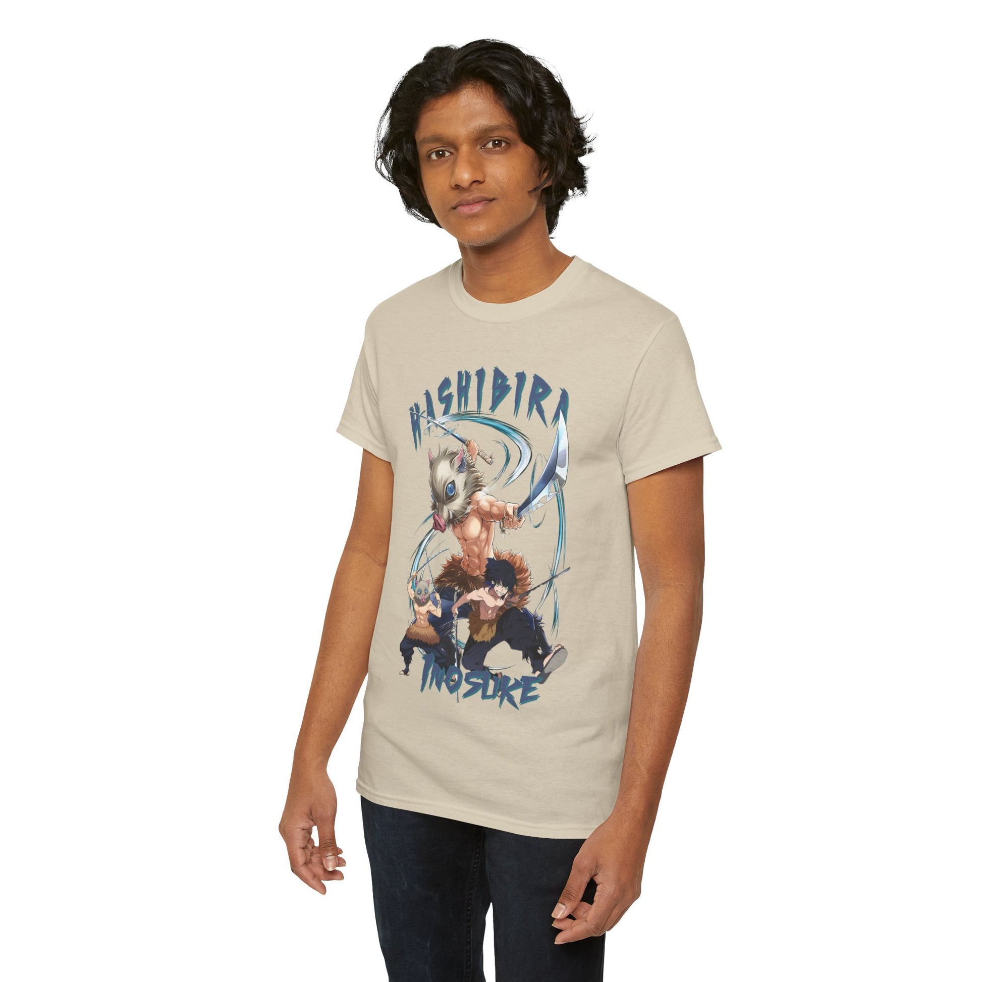 Luxury Hashibira Inosuke-inspired graphic t-shirt displayed by a fashion model, featuring vibrant anime artwork and premium soft fabric, highlighting bold characters and intricate design.