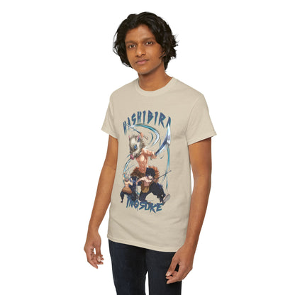 Luxury Hashibira Inosuke-inspired graphic t-shirt displayed by a fashion model, featuring vibrant anime artwork and premium soft fabric, highlighting bold characters and intricate design.