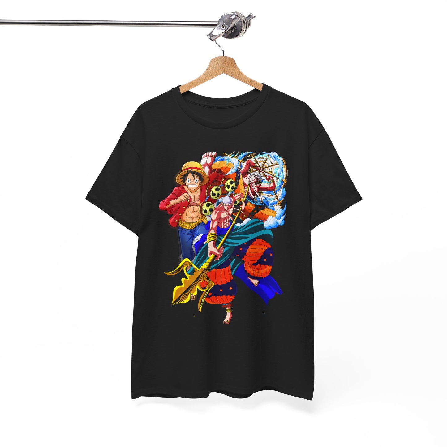 Elegantly displayed black anime graphic t-shirt on a hanger, featuring stunning art of adventurous characters, tailored for anime enthusiasts with a taste for style.