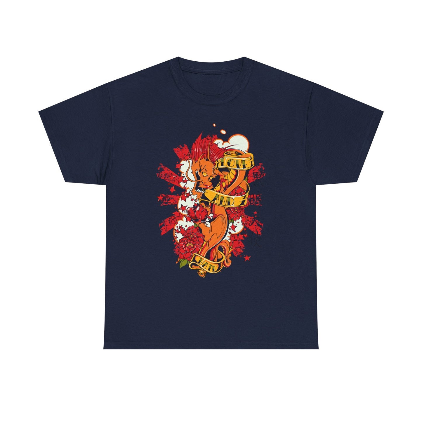 Luxurious navy men's t-shirt featuring a striking fiery dragon graphic intertwined with elegant floral accents and stylish banners proclaiming 'LOVE' and 'AND'. A statement piece for expressive style.