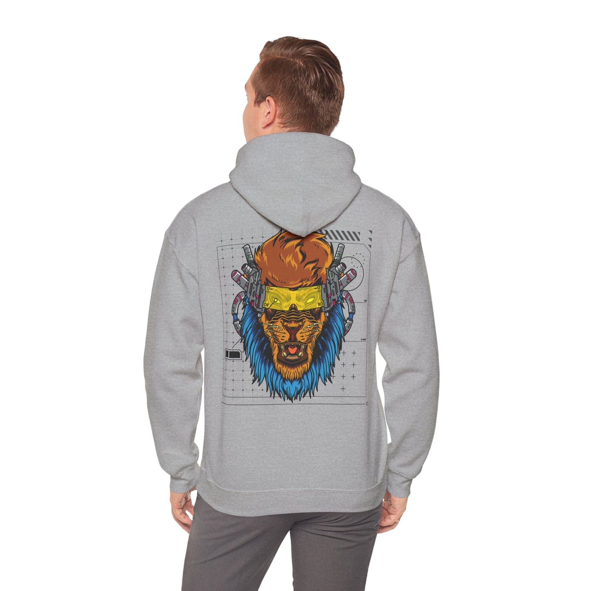 Back view of an exquisite grey hoodie, featuring a bold cyberpunk lion print, blending modern artistry and comfort.