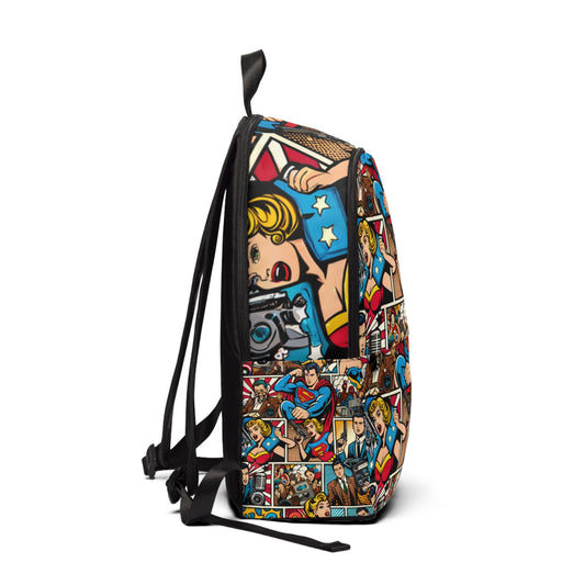 Interior view of the Spectrum Fusion Pop-Art Backpack displaying spacious compartments and high-quality canvas material by Dazzling Dreams Studio, ideal for organised fashion.