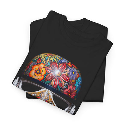 Folded Artistic Stormtrooper graphic t-shirts in black cotton, showcasing a colourful floral helmet design, ideal for both men and women who appreciate quirky fashion.