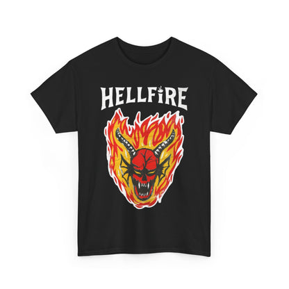 Elegant black unisex T-shirt displaying the dramatic 'HELLFIRE' emblem comprising of a fearsome demon skull engulfed in flames, making a remarkable statement piece.