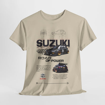 Premium quality Suzuki Forza men's T-shirt elegantly displayed, featuring a bold 'ROAR OF POWER' slogan and intricate car illustrations, perfect for the automotive enthusiast.