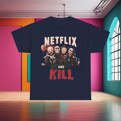 Chic 'Netflix and Kill' Graphic T-Shirt presenting iconic horror figures, merging fashion with a love for thrilling cinema.