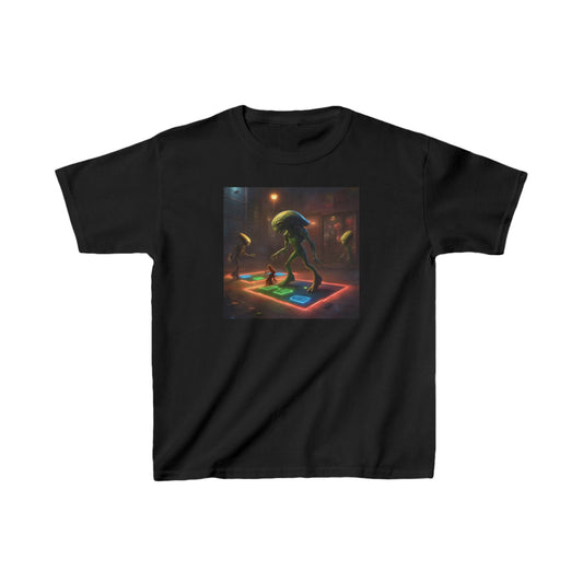 Kids Heavy Cotton Tee With Cute Aliens - Available in Black. Showcasing delightful alien designs on a vibrant dance floor, ideal for inspiring creativity in young explorers.