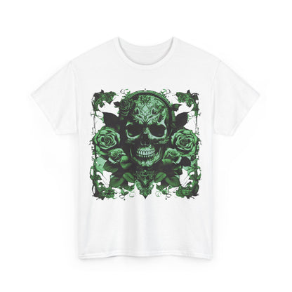 Front view of the exquisite Skulls and Roses Cotton Tee, stylishly displaying a steampunk-inspired skull and rose motif in striking green.