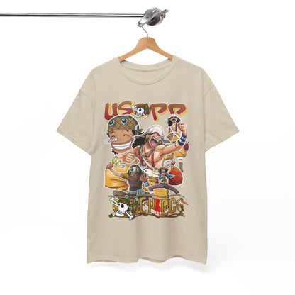 Chic Usopp t-shirt elegantly displayed on a wooden hanger, featuring an eye-catching design for a sophisticated anime-inspired look.