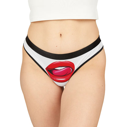 Stylish women's thong featuring a tantalising graphic of luscious red lips and a playful pink tongue, ideal for a cheeky Valentine's Day gift.