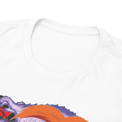Close-up of a premium white T-shirt collar, adorned with vibrant anime graphics of Sasuke and Naruto, highlighting exquisite printing quality and comfortable fabric.