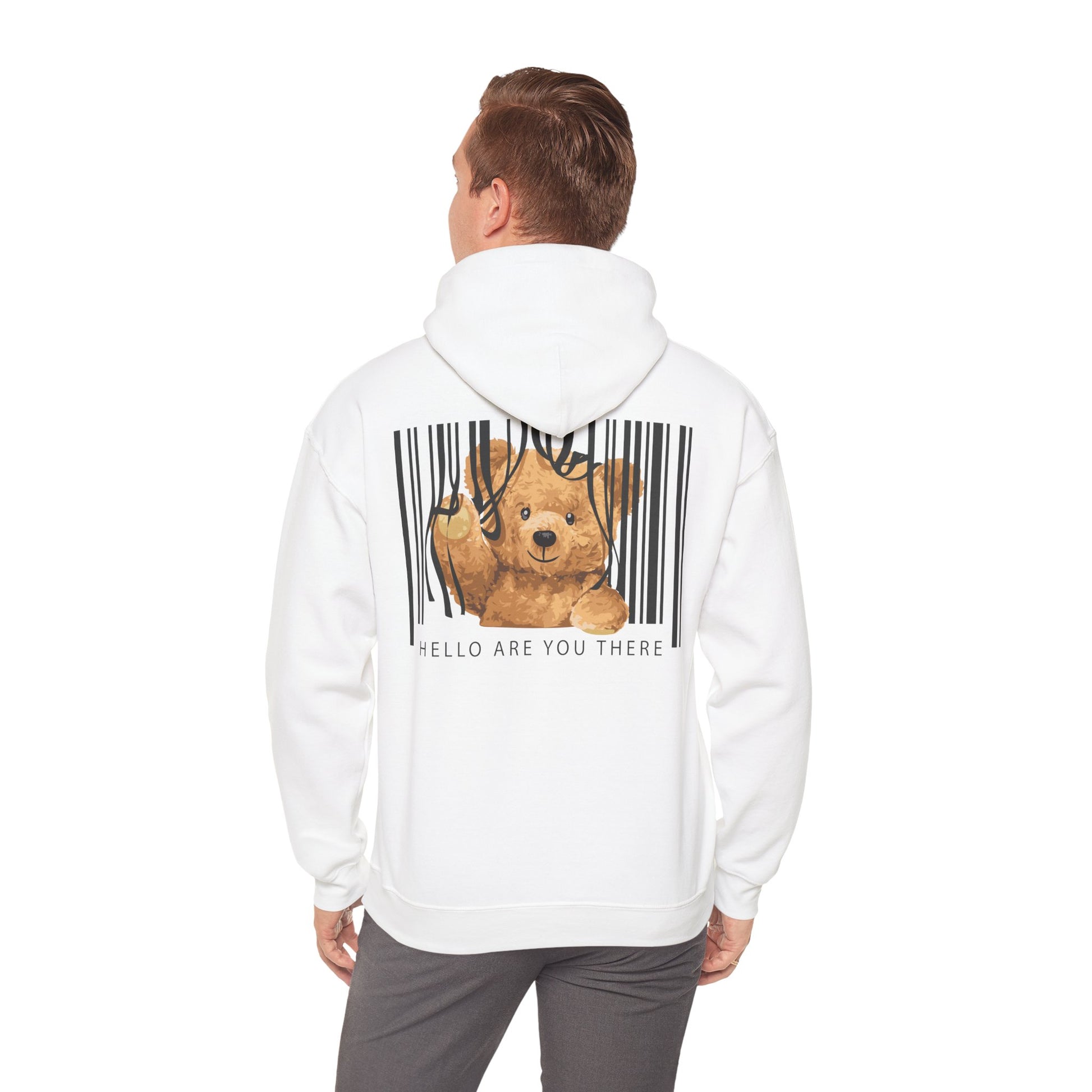 Sophisticated white hoodie featuring a playful teddy bear design on the back, entwined with barcode elements, embodying a whimsical yet modern aesthetic.