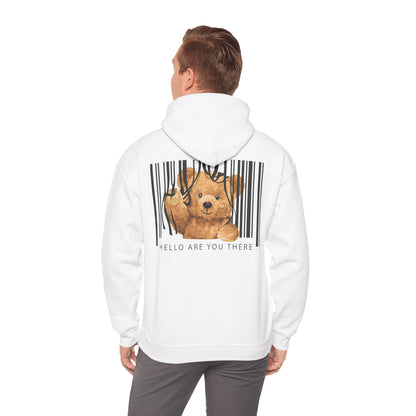 Sophisticated white hoodie featuring a playful teddy bear design on the back, entwined with barcode elements, embodying a whimsical yet modern aesthetic.
