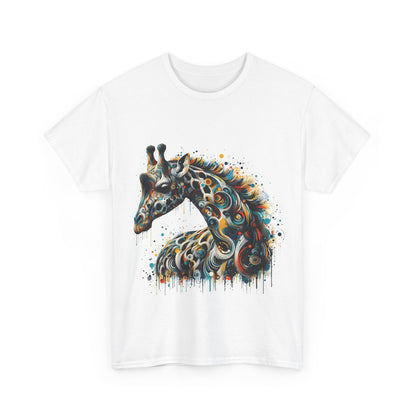 Fantasy Art Giraffe Graphic T-Shirt showcasing a luxurious, artistic giraffe design in vibrant colours, perfect for urban streetwear enthusiasts.