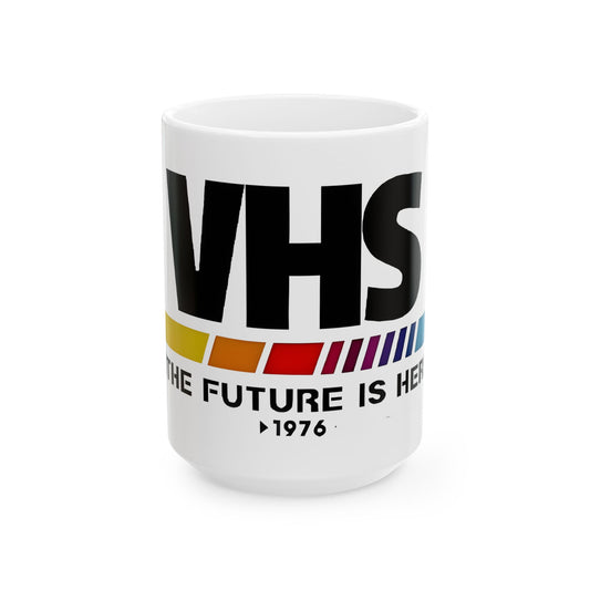 A cheerful VHS Logo Ceramic Mug that screams vintage greatness; sip coffee and reminisce about the good old days!