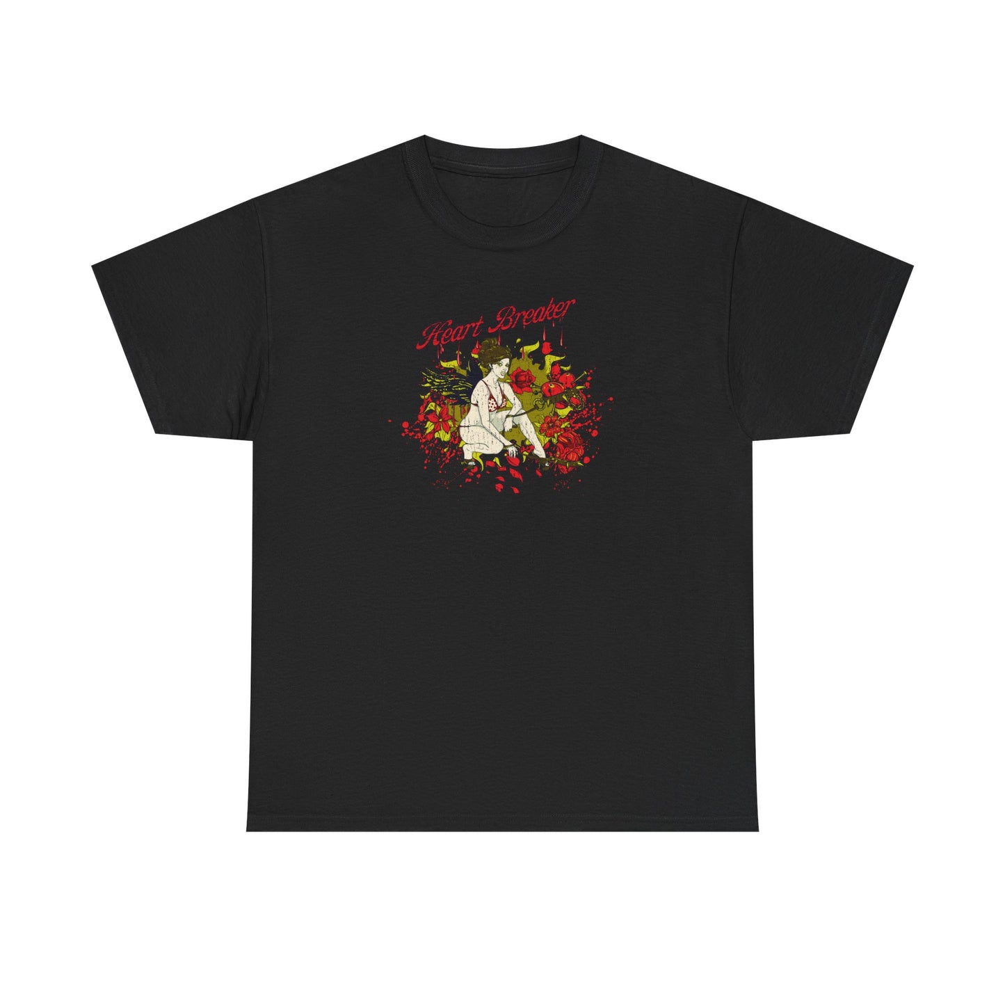 Sophisticated black graphic t-shirt showcasing an enchanting heartbreaker pin-up illustration surrounded by roses, ideal for elevating any fashionable wardrobe.