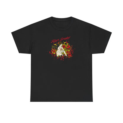Sophisticated black graphic t-shirt showcasing an enchanting heartbreaker pin-up illustration surrounded by roses, ideal for elevating any fashionable wardrobe.