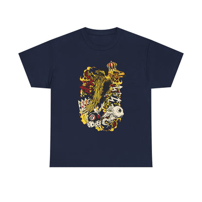 Indulge in timeless style with this premium navy graphic tee, showcasing a stunning majestic raven surrounded by vibrant energy and mythical graphics, perfect for making an unforgettable impression.