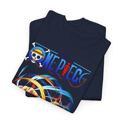 Luxurious navy blue men's t-shirt featuring vibrant One Piece graphic design, crafted from premium soft fabric for ultimate comfort and style.