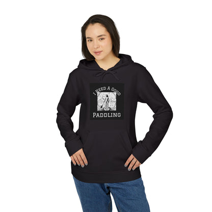 Adidas Women's Fleece 'I Need a Good Paddling' Hoodie, elegantly styled in black, featuring a charming paddling graphic. Perfect for paddleboard enthusiasts seeking comfort and sustainability.