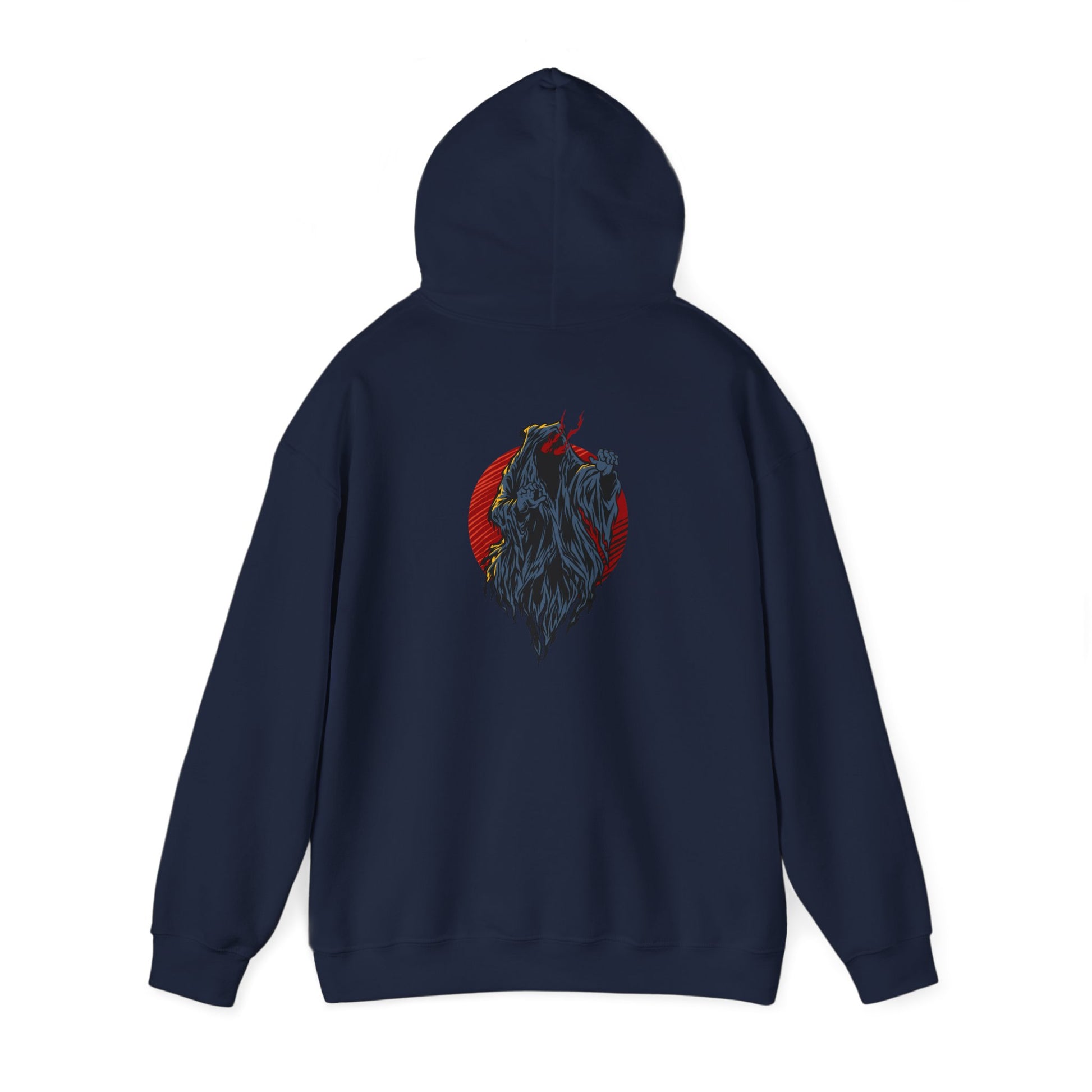 Premium navy hoodie showcasing exquisite demon illustration, artfully designed against a bold red background, ideal for edgy yet sophisticated style.