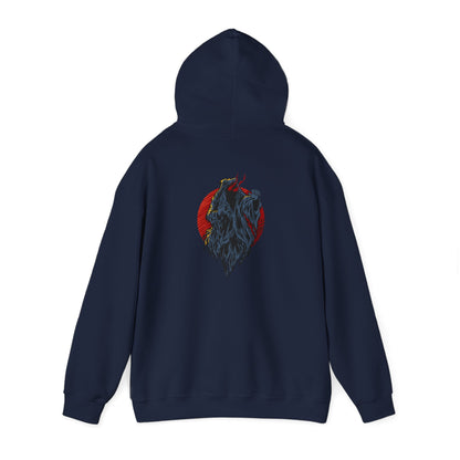 Premium navy hoodie showcasing exquisite demon illustration, artfully designed against a bold red background, ideal for edgy yet sophisticated style.