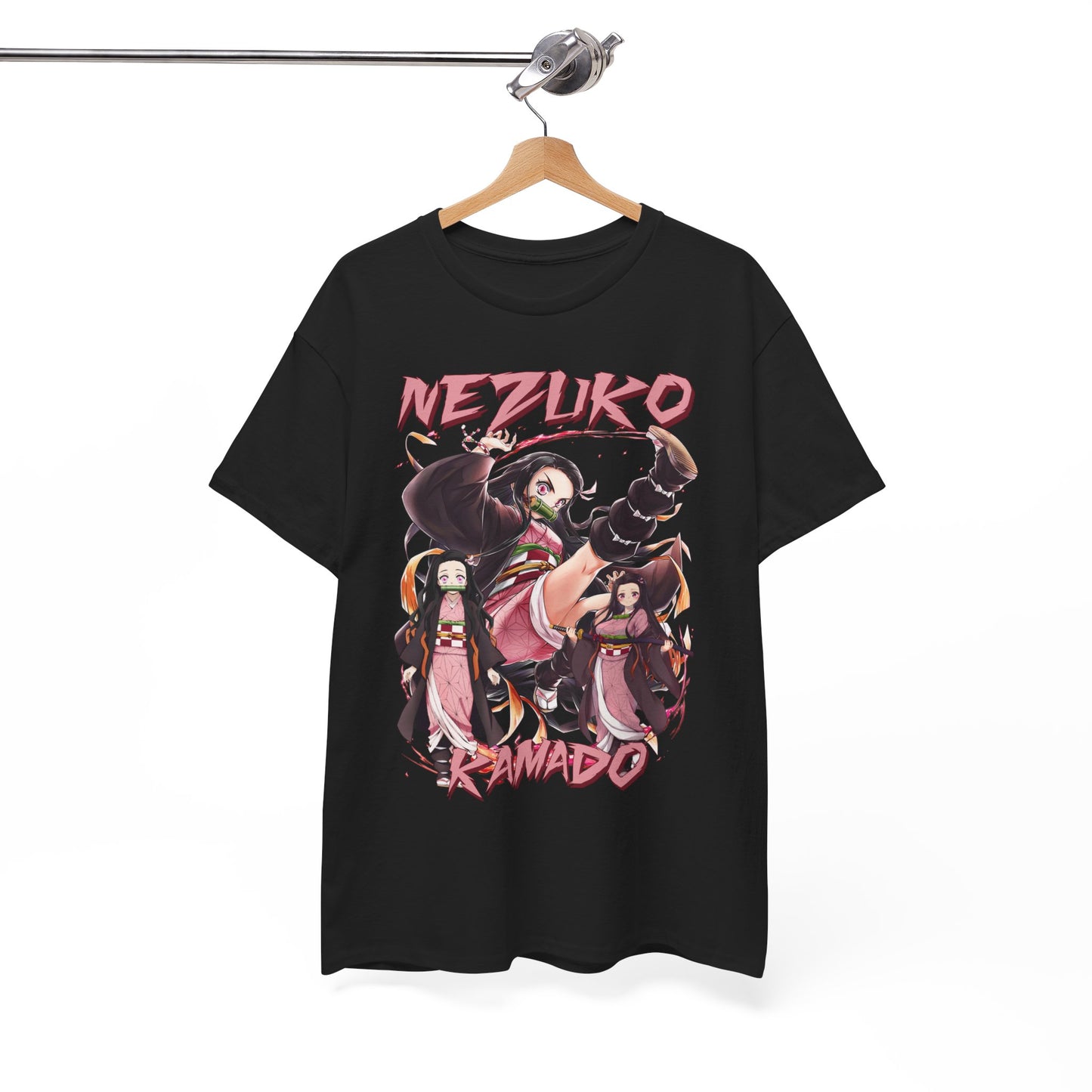 Chic black Nezuko Kamado T-shirt hanging on display, featuring an eye-catching anime illustration, perfect for an upscale casual look.